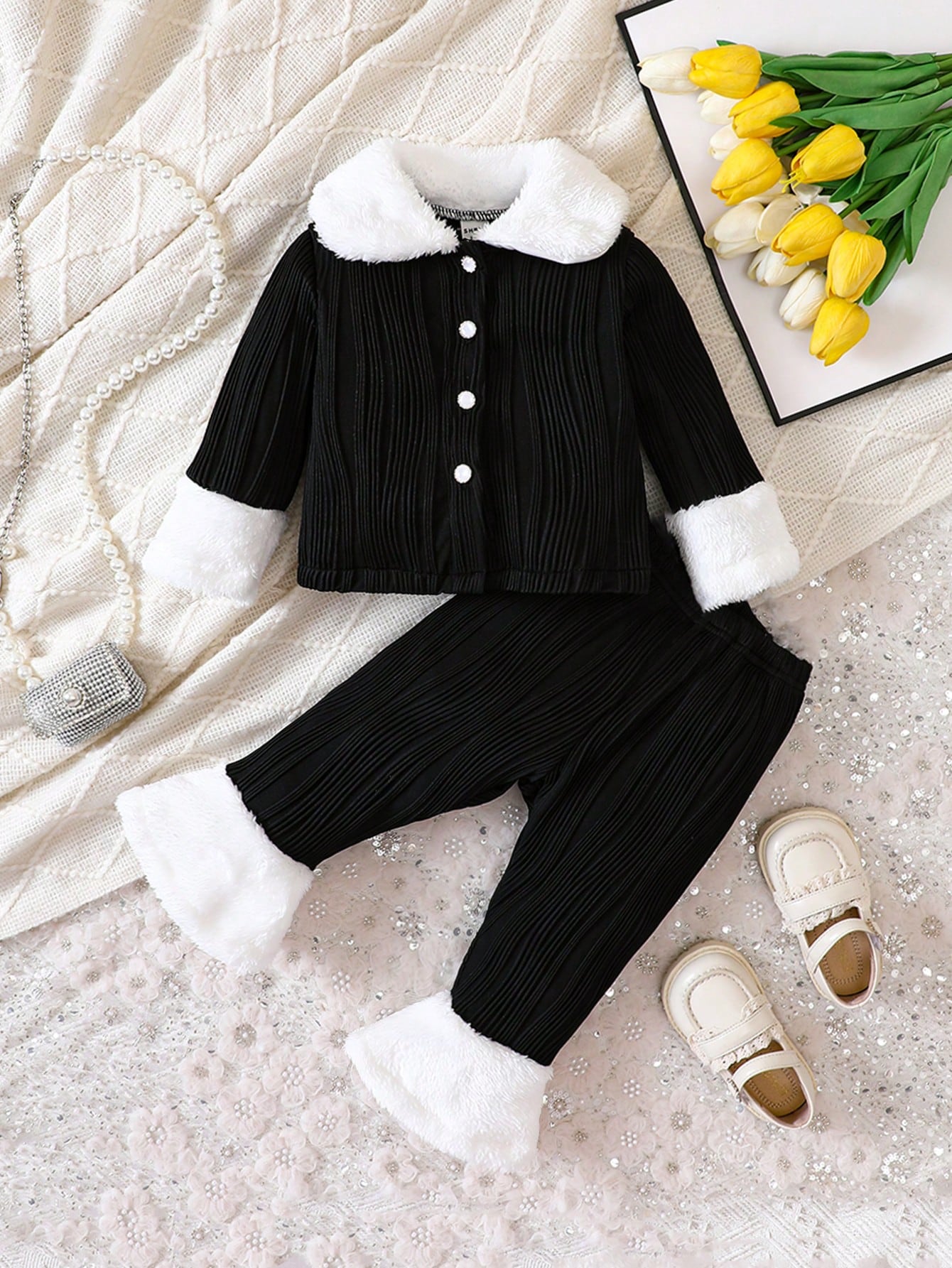 Baby Girl Contrast Fuzzy Trim Button Up Jacket & Flare Leg Pants