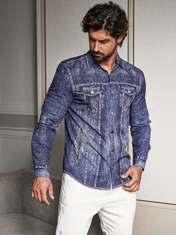 Men Flap Pocket Button Up Denim Effect Shirt