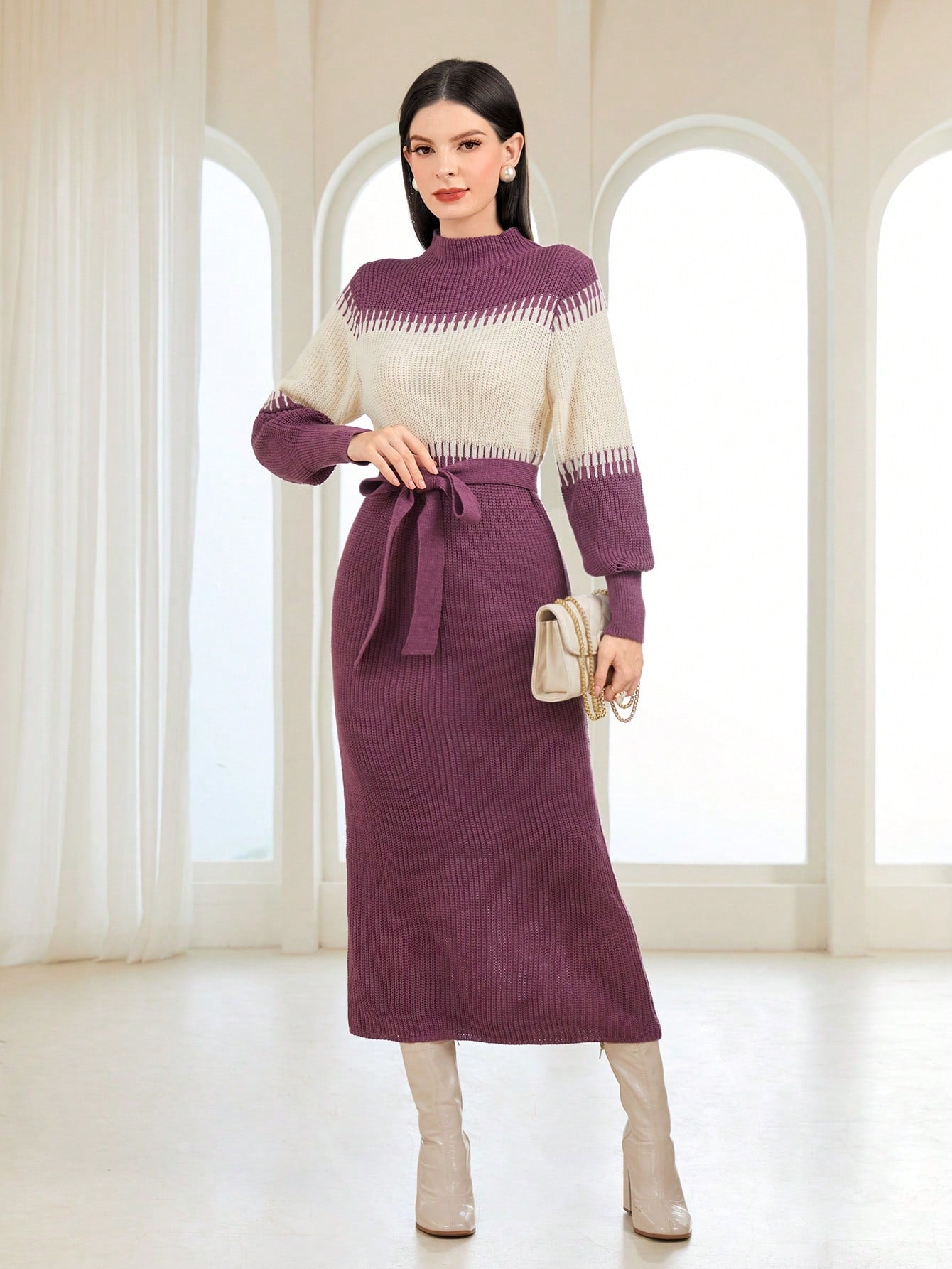 Colorblock Mock Neck Belted Sweater Dress