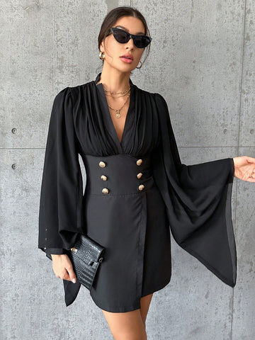 Plunging Neck Button Detail Flounce Sleeve Dress