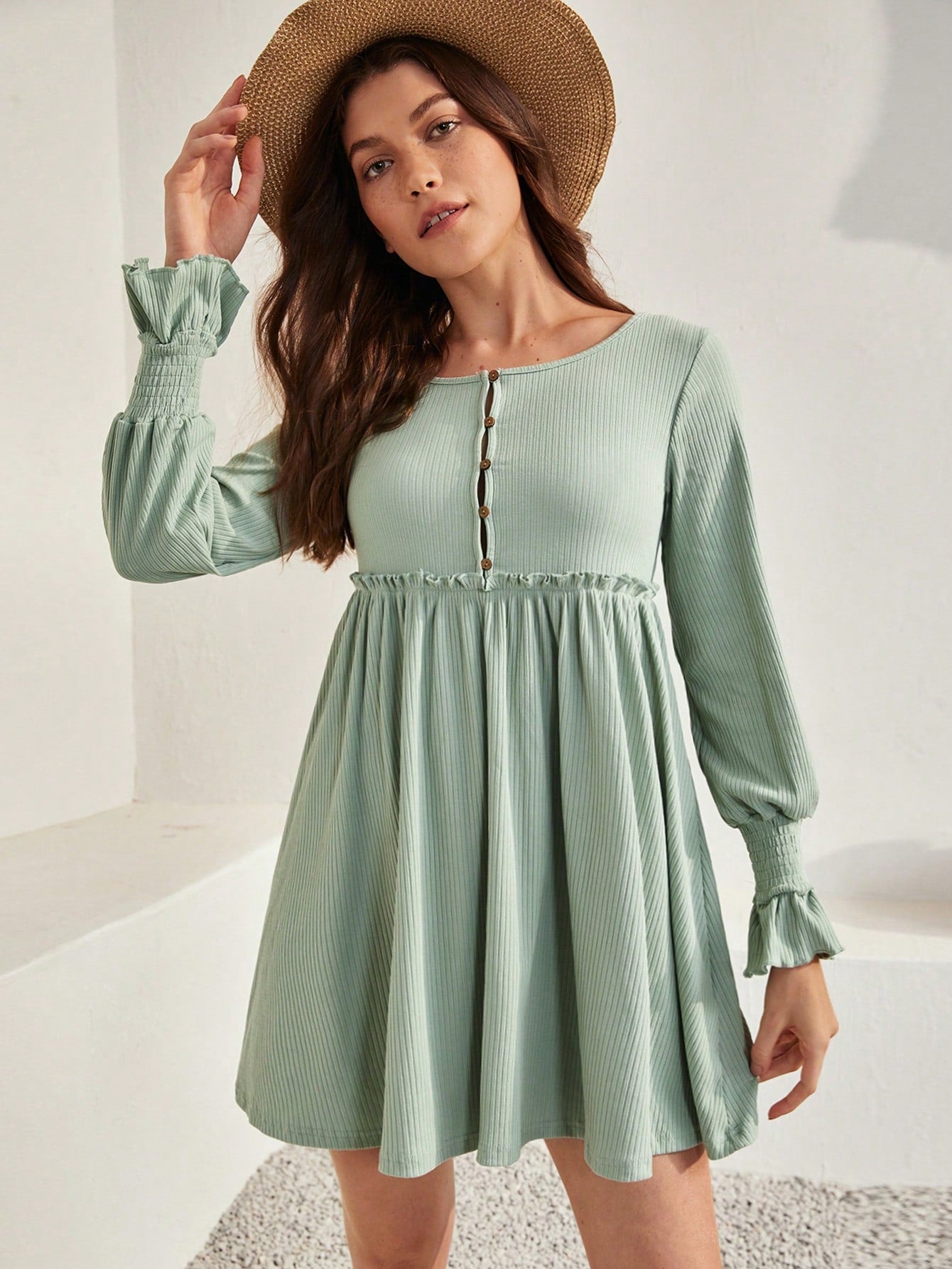 Button Front Frill Trim Smock Dress