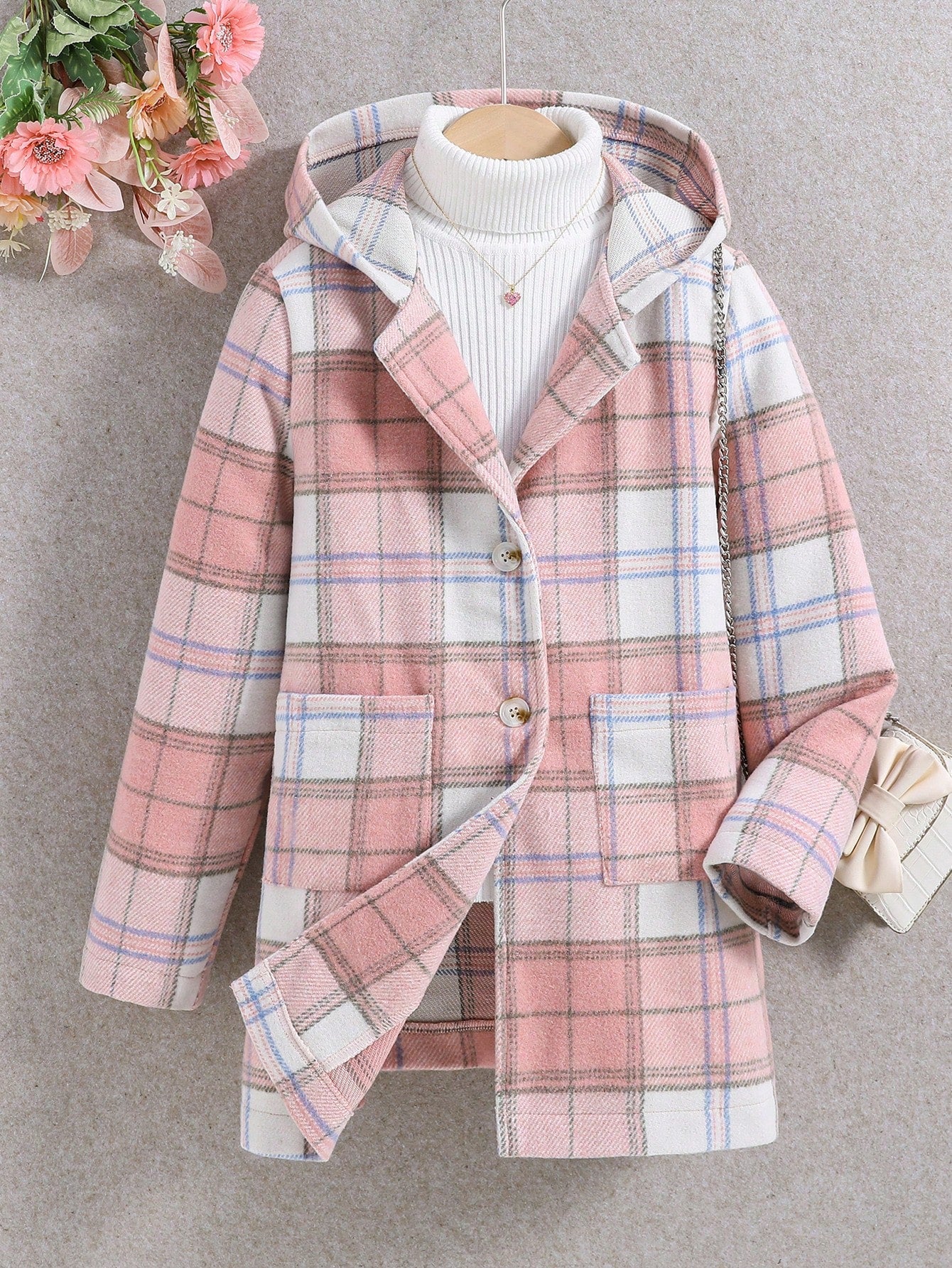 Tween Girl Plaid Dual Pocket Hooded Overcoat Without Sweater