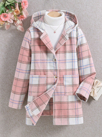 Tween Girl Plaid Dual Pocket Hooded Overcoat Without Sweater