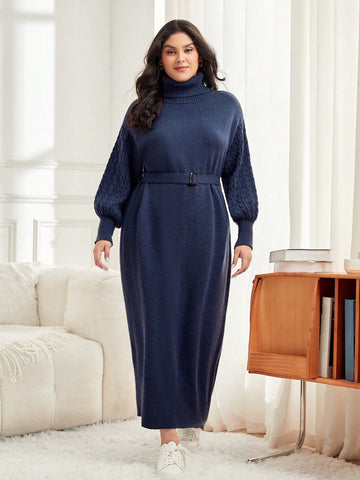 Plus Turtleneck Lantern Sleeve Belted Sweater Dress