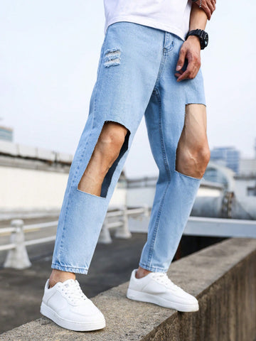 Men Ripped Frayed Carrot Jeans