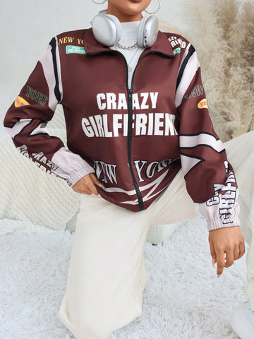 Letter Graphic Colorblock Zip Up Jacket