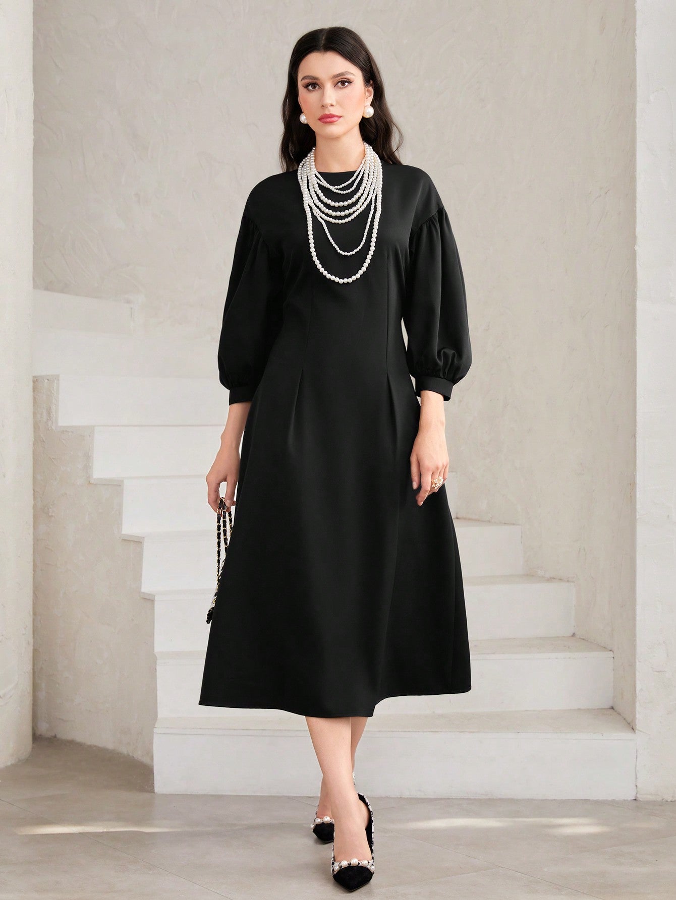 Solid Lantern Sleeve Dress