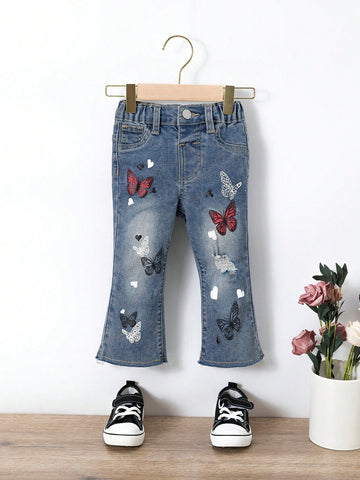 Baby Girl Butterfly Print Ripped Flare Leg Jeans