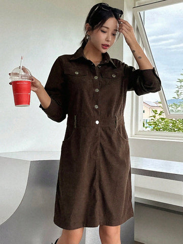 Flap Detail Button Front Shirt Dress