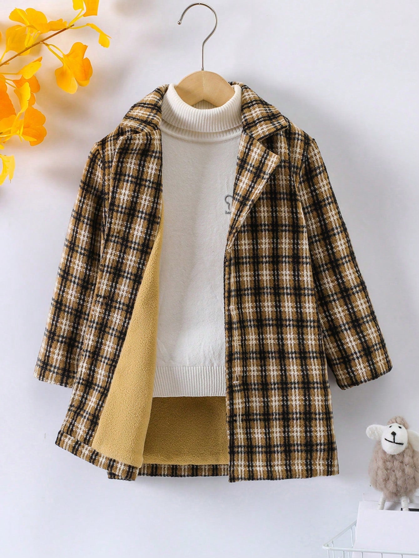 Young Boy Plaid Print Fleece Lined Overcoat Without Sweater