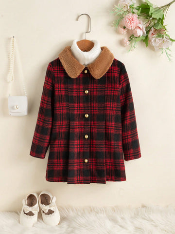 Young Girl Plaid Print Borg Collar Fold Pleated Detail Overcoat Without Sweater