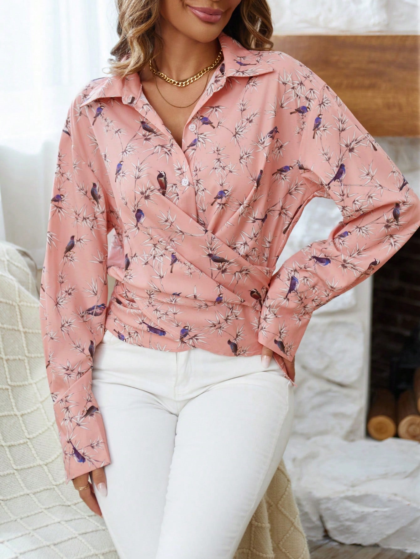 Floral Print Wrap Knot Side Shirt