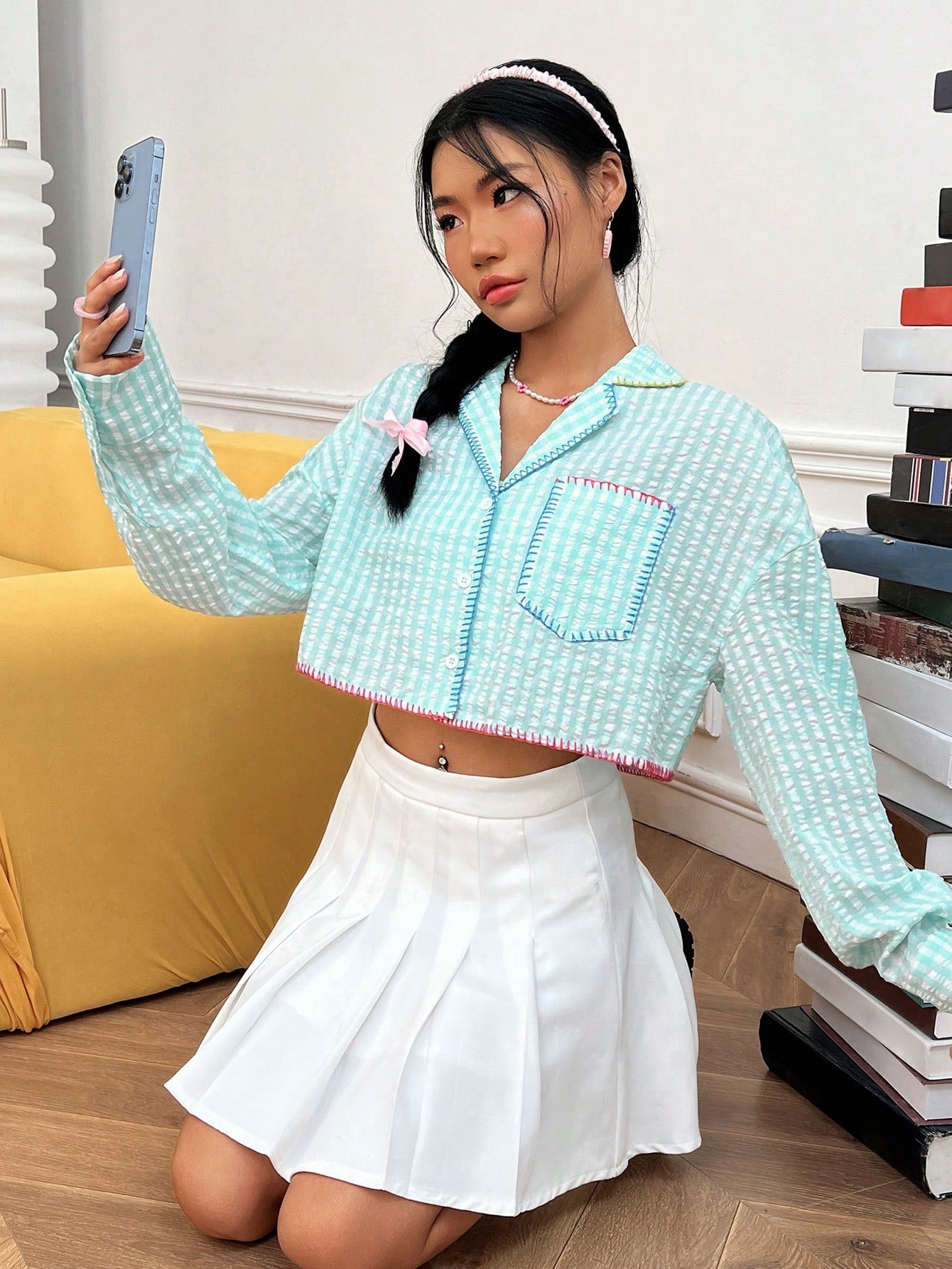 Plaid Print Drop Shoulder Pocket Patched Crop Shirt