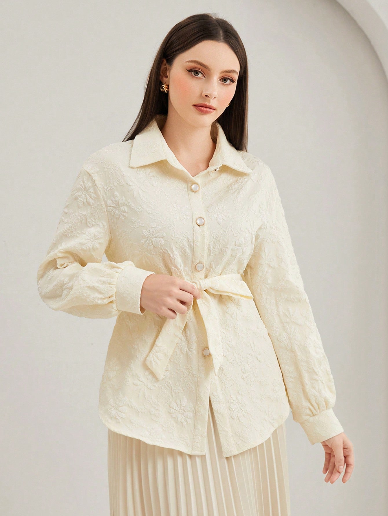 Floral Jacquard Belted Button Front Coat