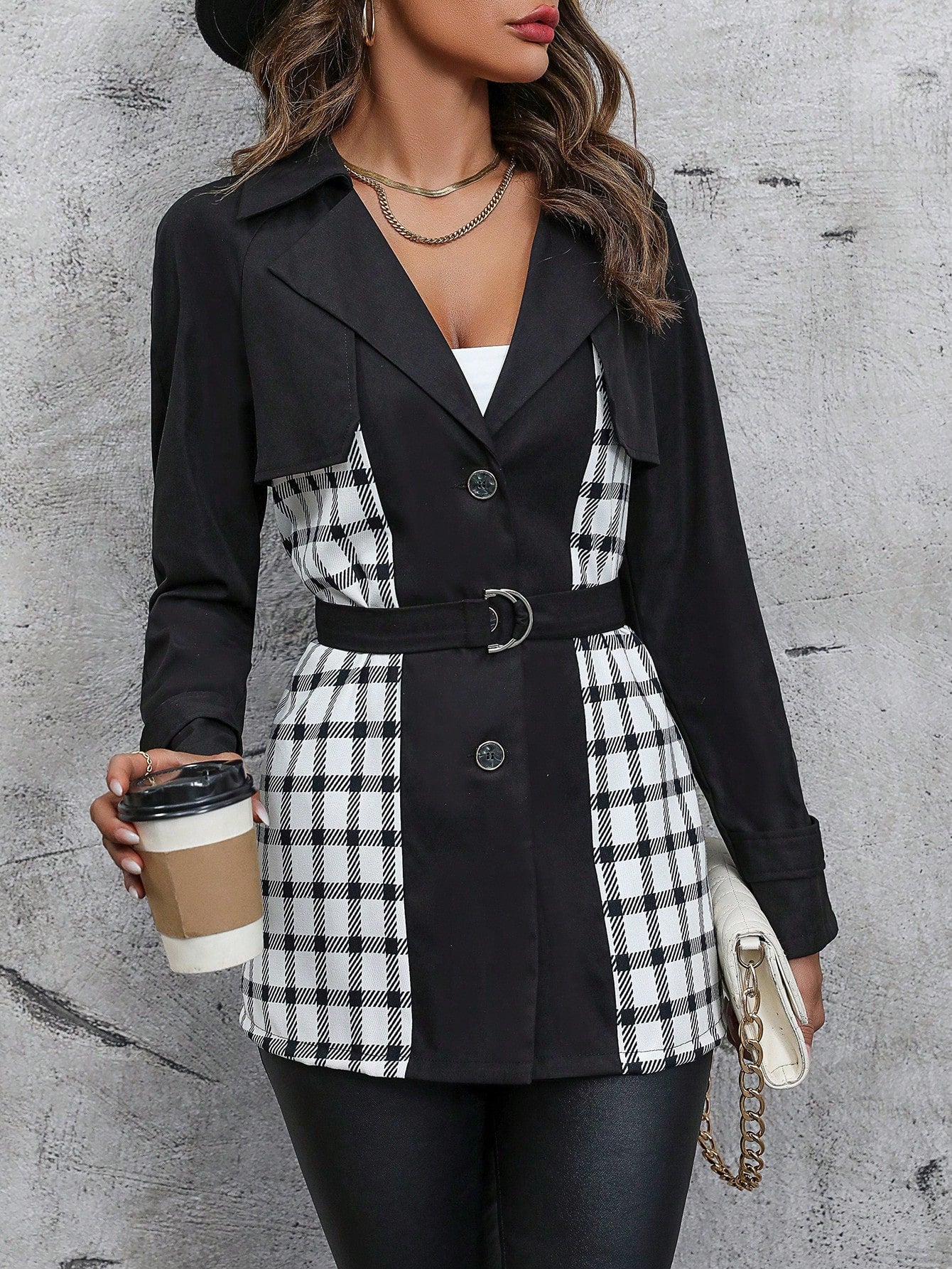 Plaid Print Belted Trench Coat