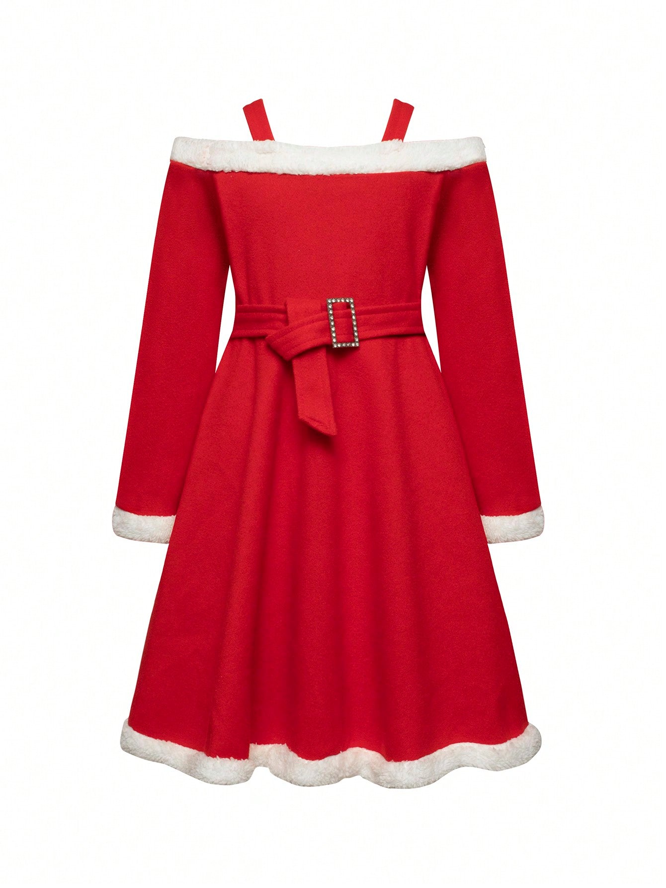 Tween Girl Cold Shoulder Contrast Trim Belted Dress for Christmas