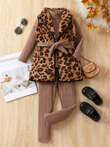 Young Girl Leopard Print Contrast Binding Belted Vest Coat & Tee & Pants