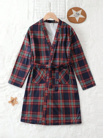 Tween Boy Plaid Dual Pocket Belted Sleep Robe