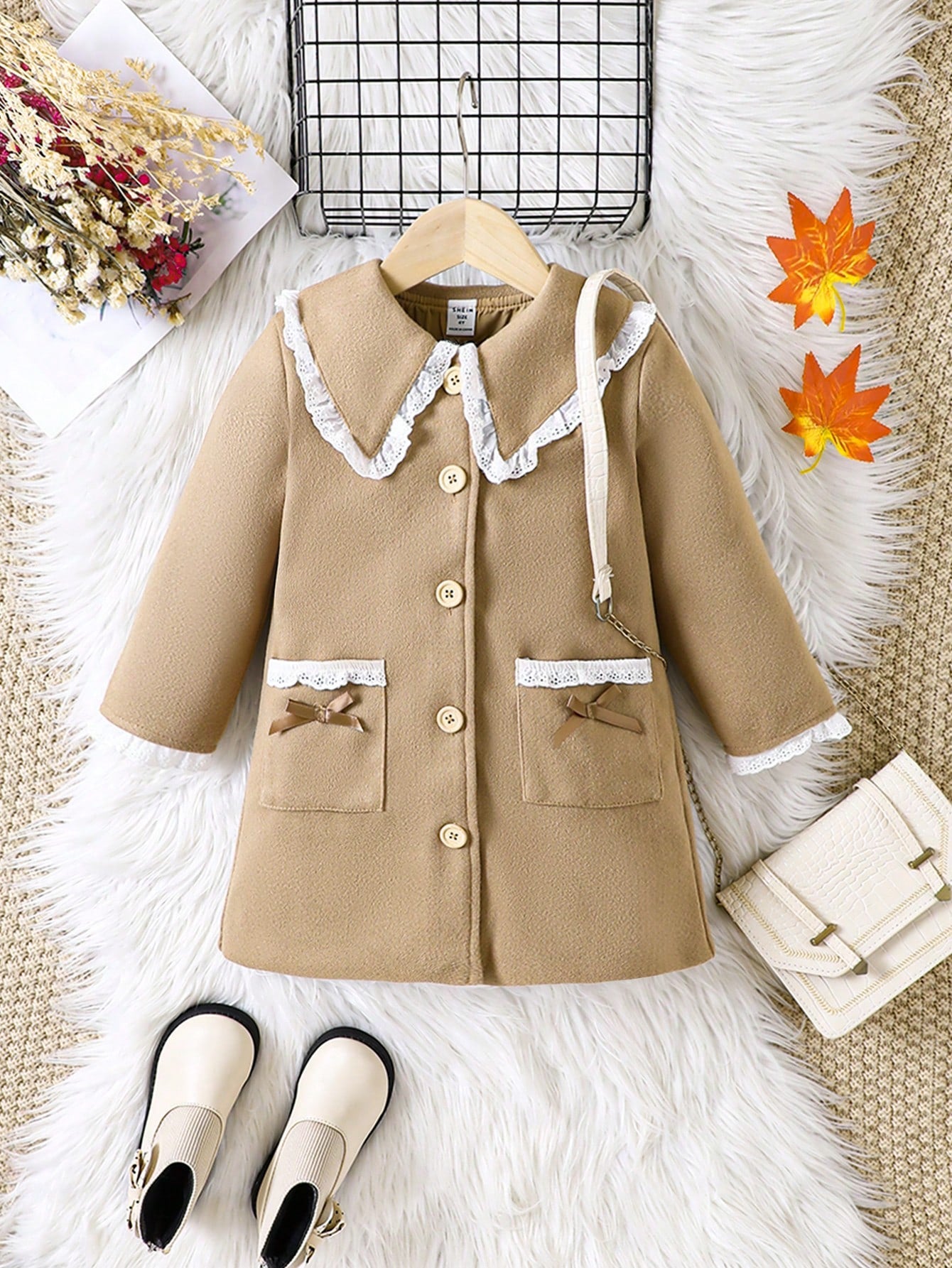 Young Girl Contrast Trim Statement Collar Dual Pocket Bow Front Overcoat