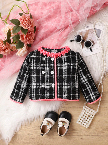 Baby Girl Plaid Pattern Frill Trim Double Breasted Coat