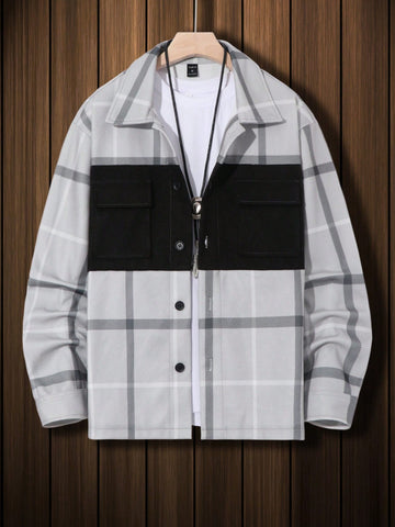 Men's Loose Fit Plaid Pattern Overcoat With Flap Pockets (Without T-Shirt)