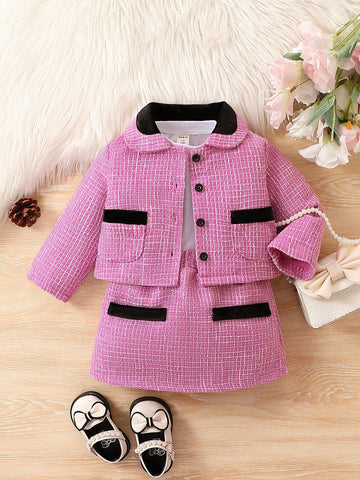 Baby Girl Contrast Trim Pocket Patched Tweed Jacket and Skirt Without Tee