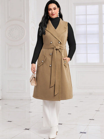 Plus Double Breasted Belted Vest Overcoat