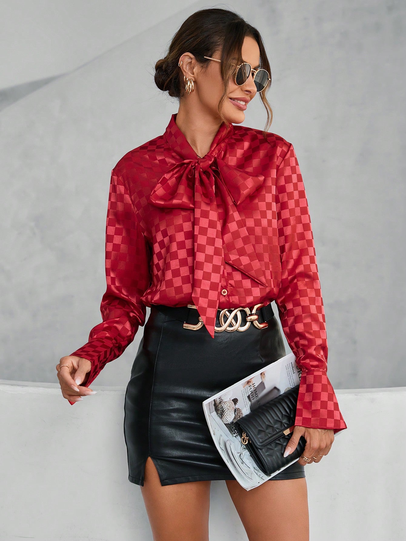 Checker Jacquard Tie Neck Blouse