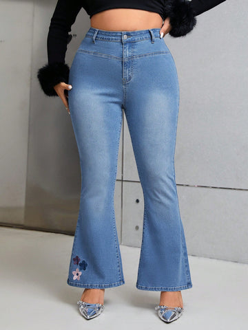 Plus Floral Embroidery Flare Leg Jeans