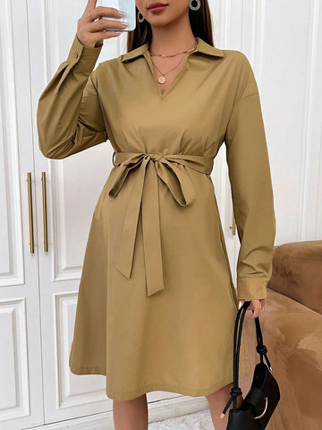 Maternity Solid Belted Shirt Dress