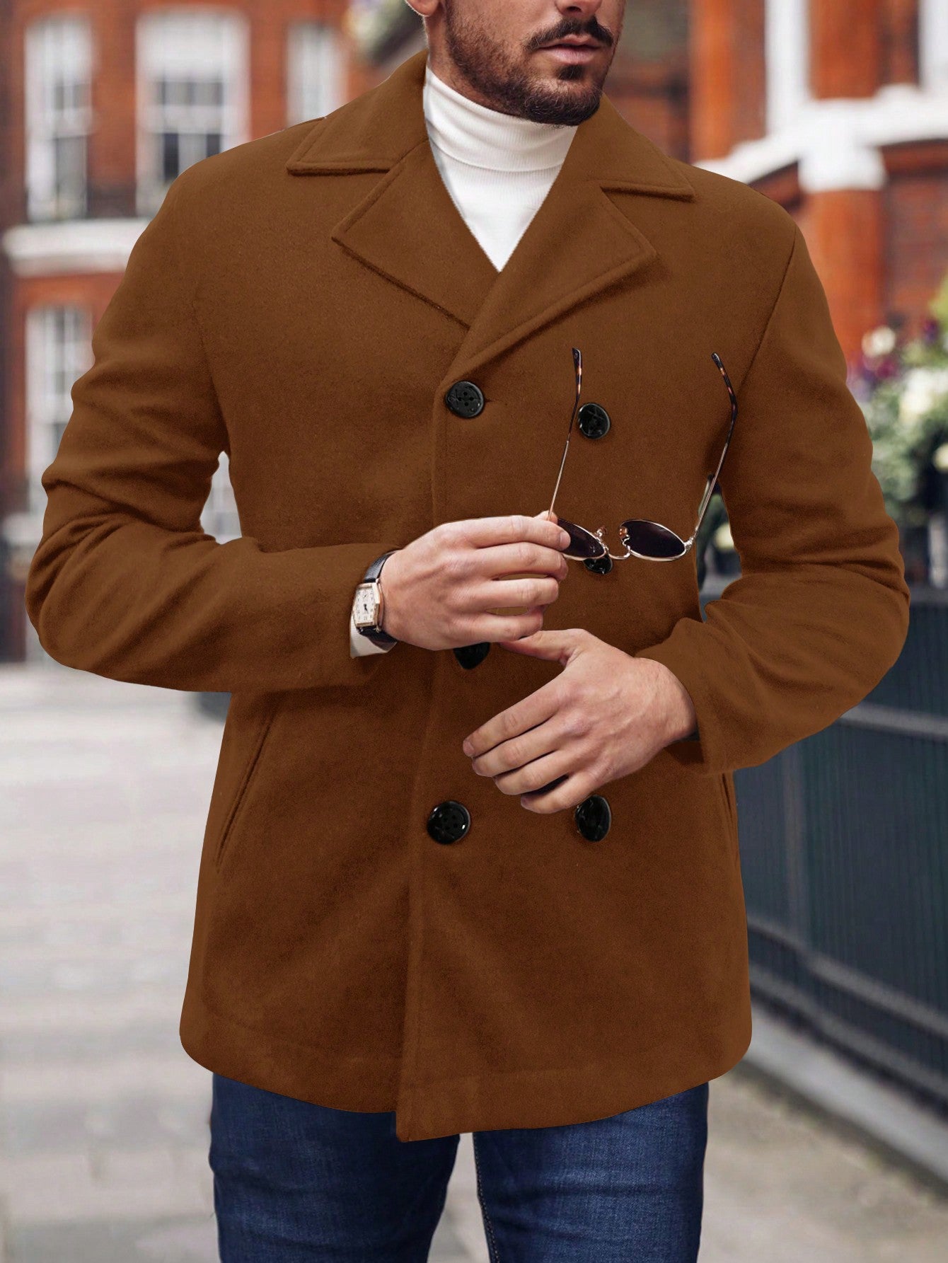 Men Double Breasted Lapel Collar Overcoat