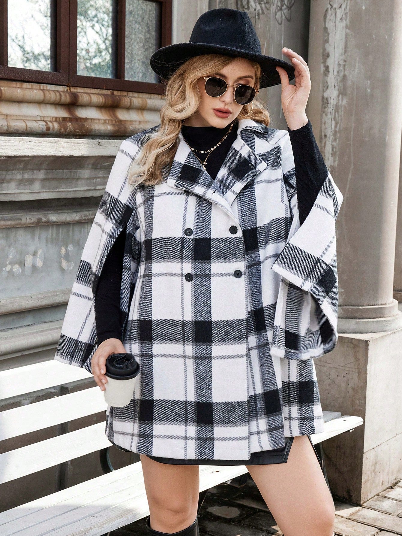 Plus Plaid Double Breasted Cloak Sleeve Overcoat