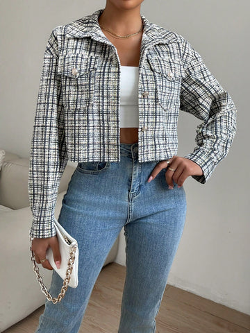 Plaid Pattern Flap Pocket Drop Shoulder Crop Jacket