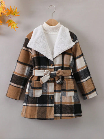 Young Boy 1pc Plaid Print Teddy Lined Belted Coat