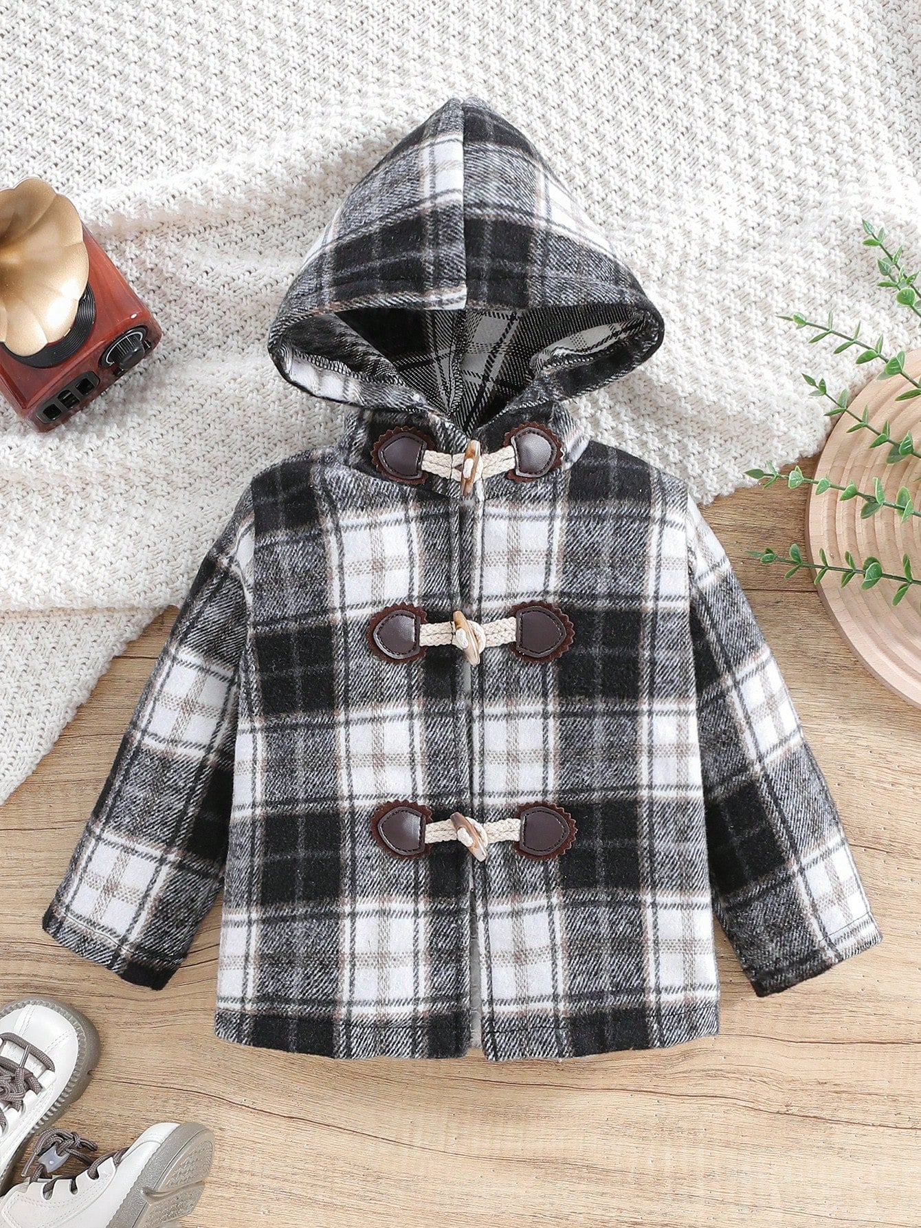 Baby Boy Plaid Print Hooded Duffle Tweed Overcoat