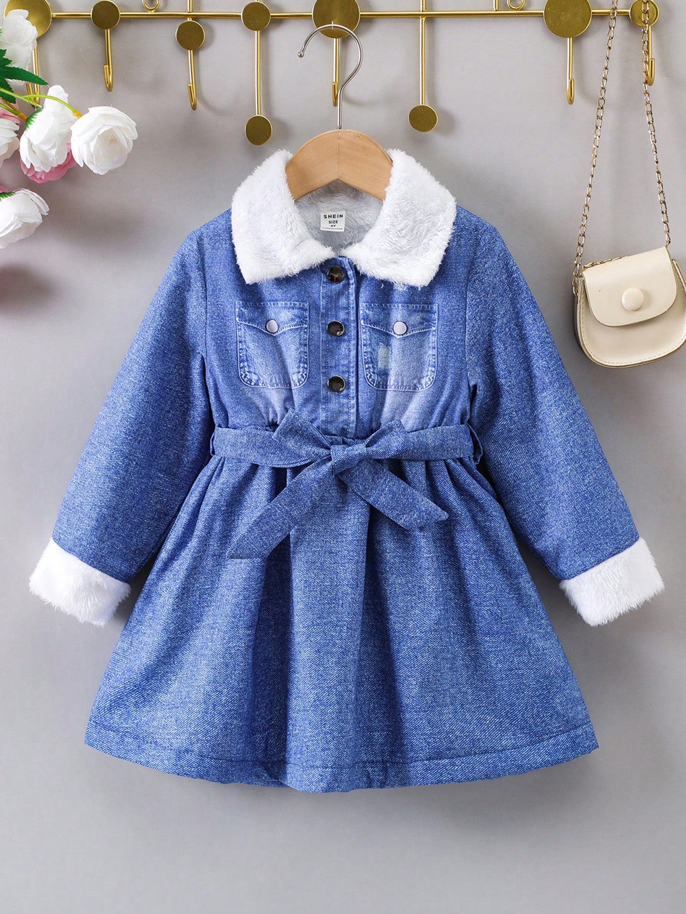 Young Girl Borg Collar Belted Dress