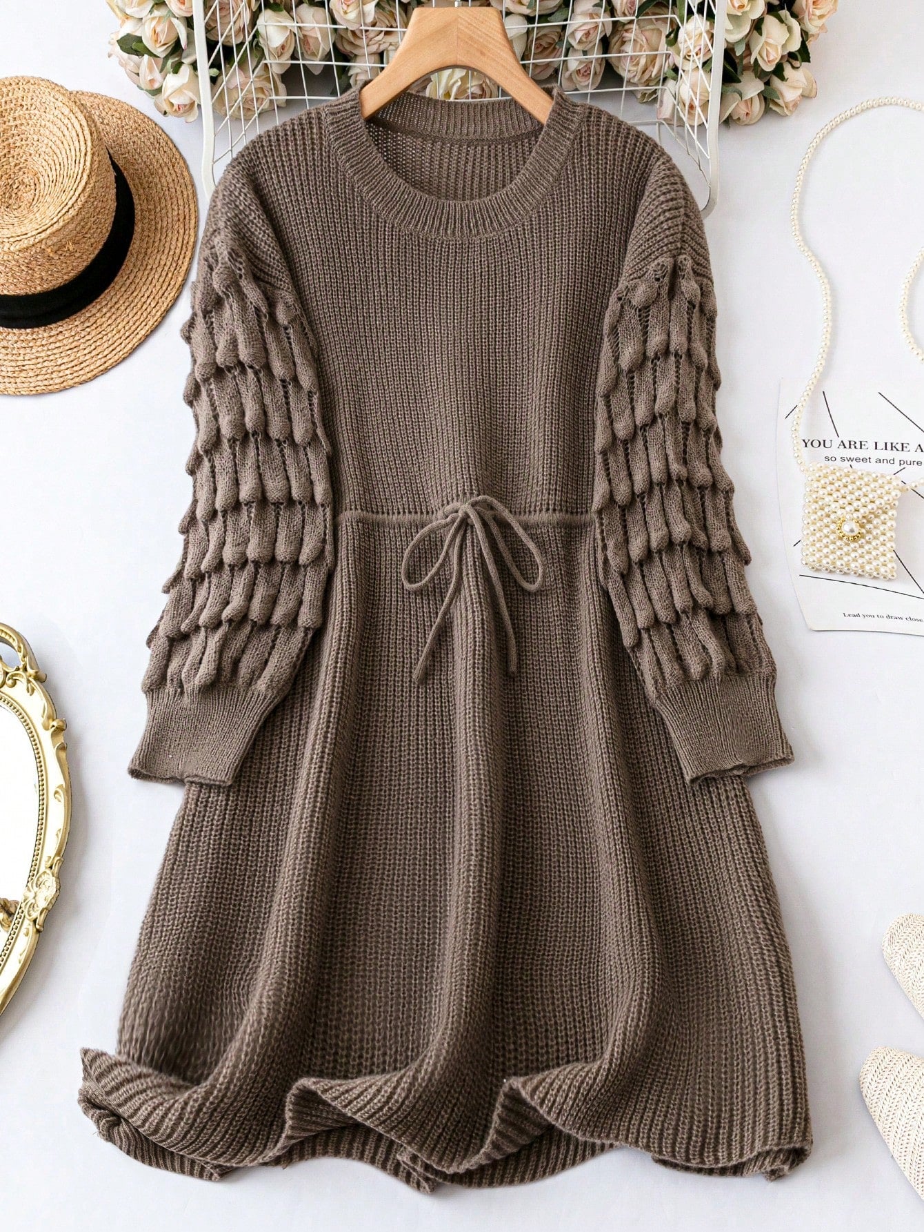 Plus Solid Belted Sweater Dress