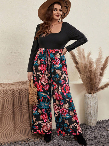 Plus Floral Print Belted Wide Leg Jumpsuit