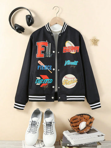 1pc Teen Girls' Thick Woolen Jacket With Baseball Collar And Letter Pattern For Autumn And Winter