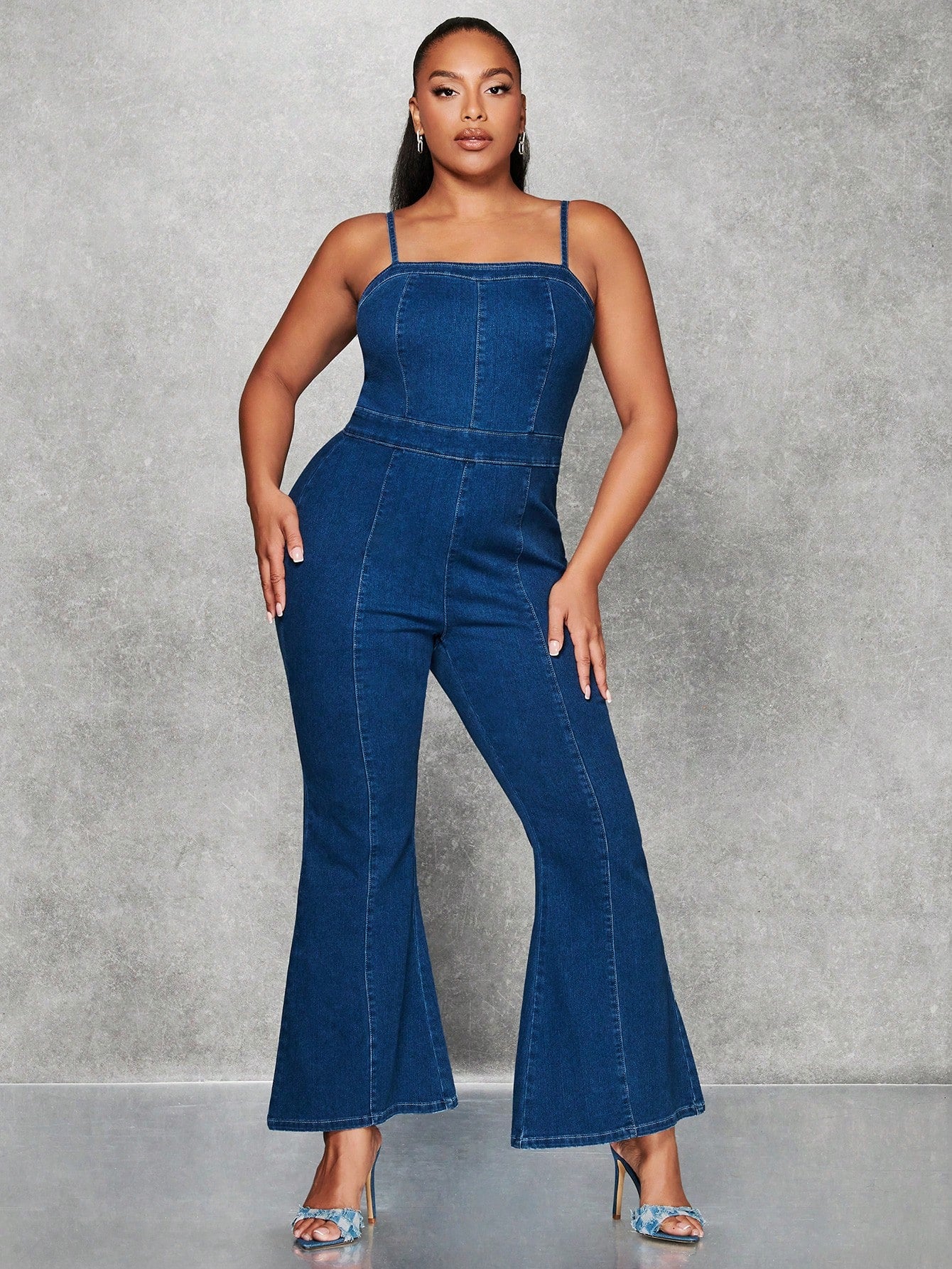 Plus Flare Leg Denim Cami Jumpsuit