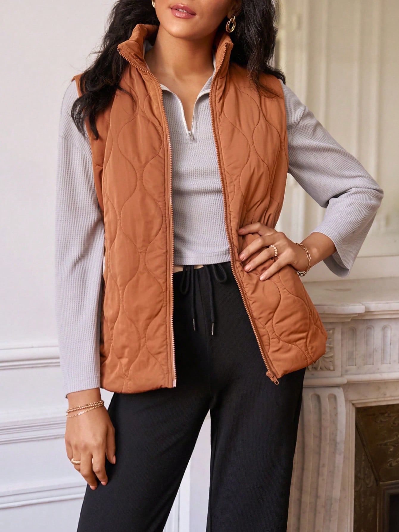 Zip Up Belted Vest Onion Quilted Coat