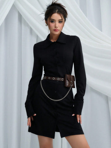 Solid Button Front Shirt Dress Without Belt