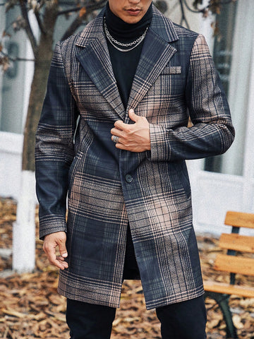 Men Plaid Lapel Collar Single Breasted Overcoat