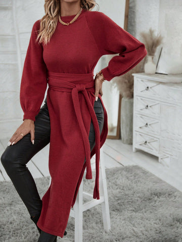 Raglan Sleeve Split Thigh Belted Sweater Dress