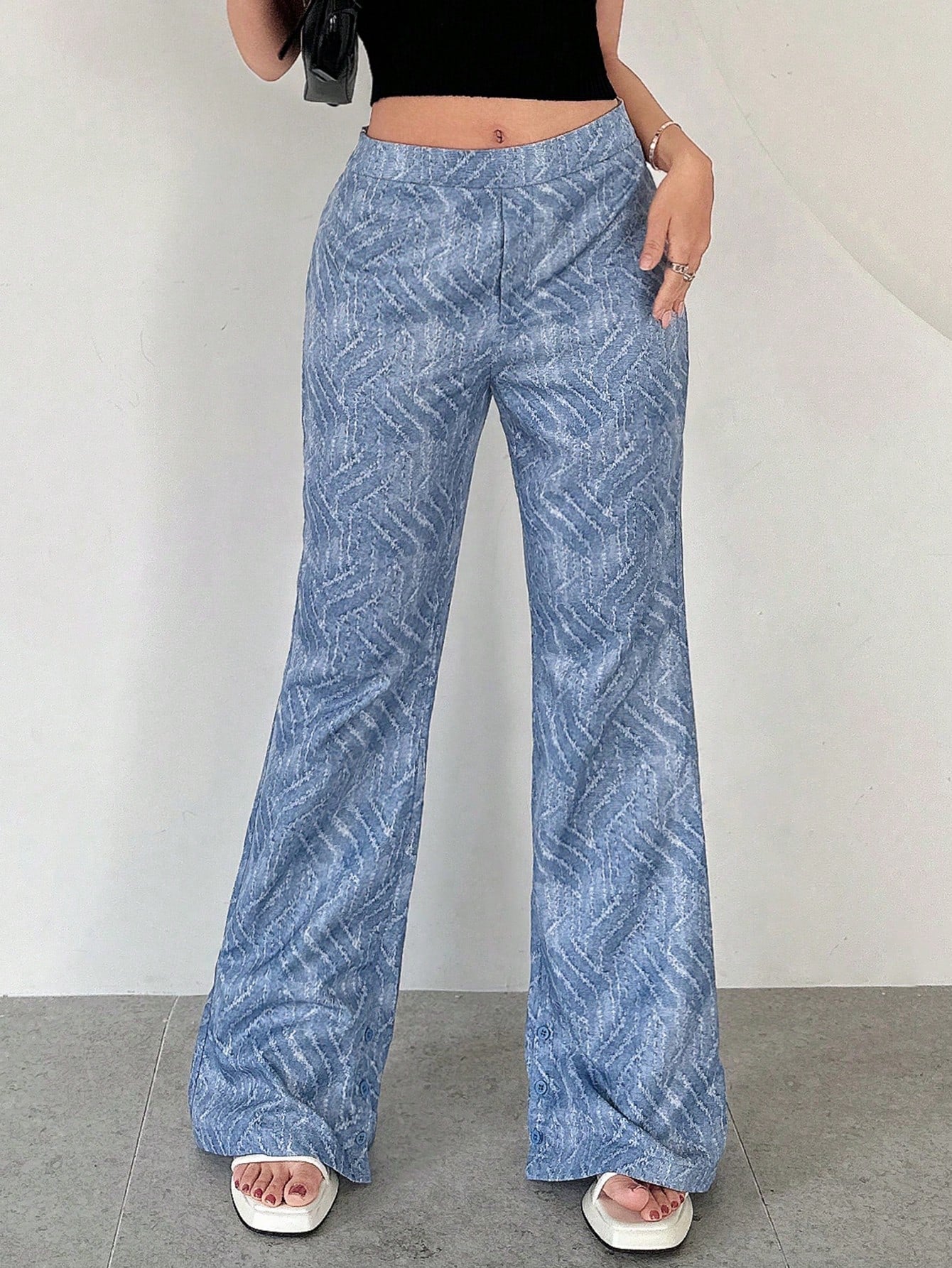 Denim-Effect Print Flare Leg Pants