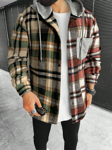 Men Plaid Print Colorblock Drawstring Hooded Overcoat Without Tee