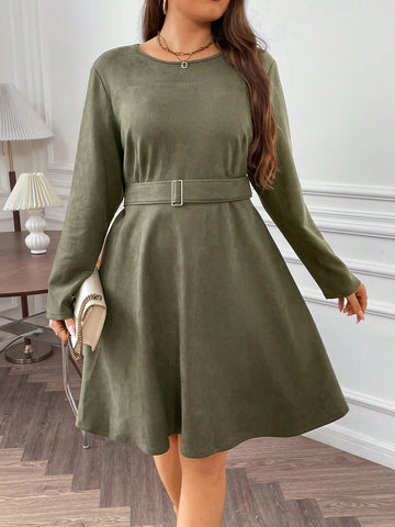 Plus Solid Buckle Belted Dress