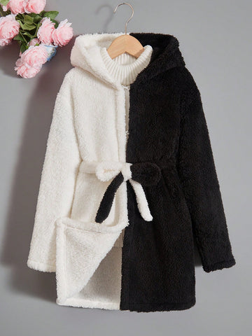 Tween Girl Two Tone Hooded Belted Teddy Coat Without Sweater