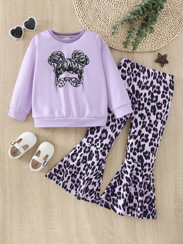 Young Girl Figure Graphic Sweatshirt & Leopard Print Flare Leg Pants