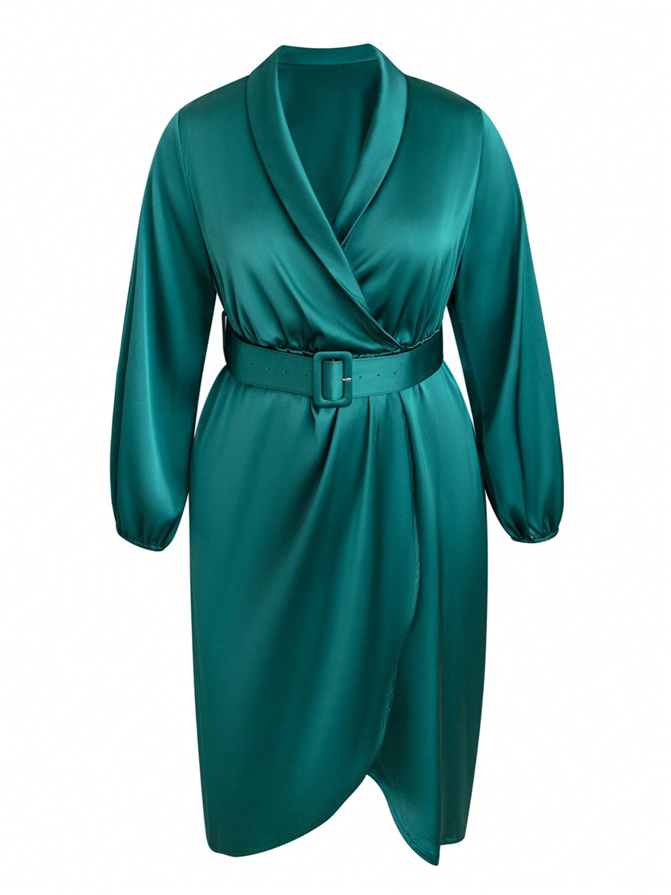 Plus Shawl Collar Wrap Hem Belted Satin Dress